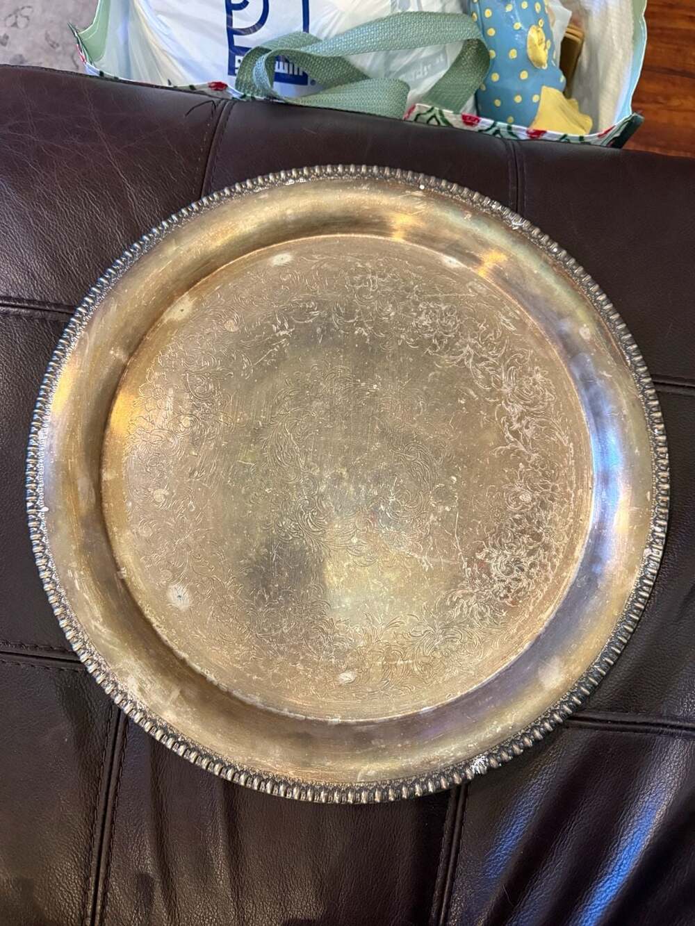 Vintage Round Silver Plated Serving Tray with Etched Floral Design and Beaded Ri